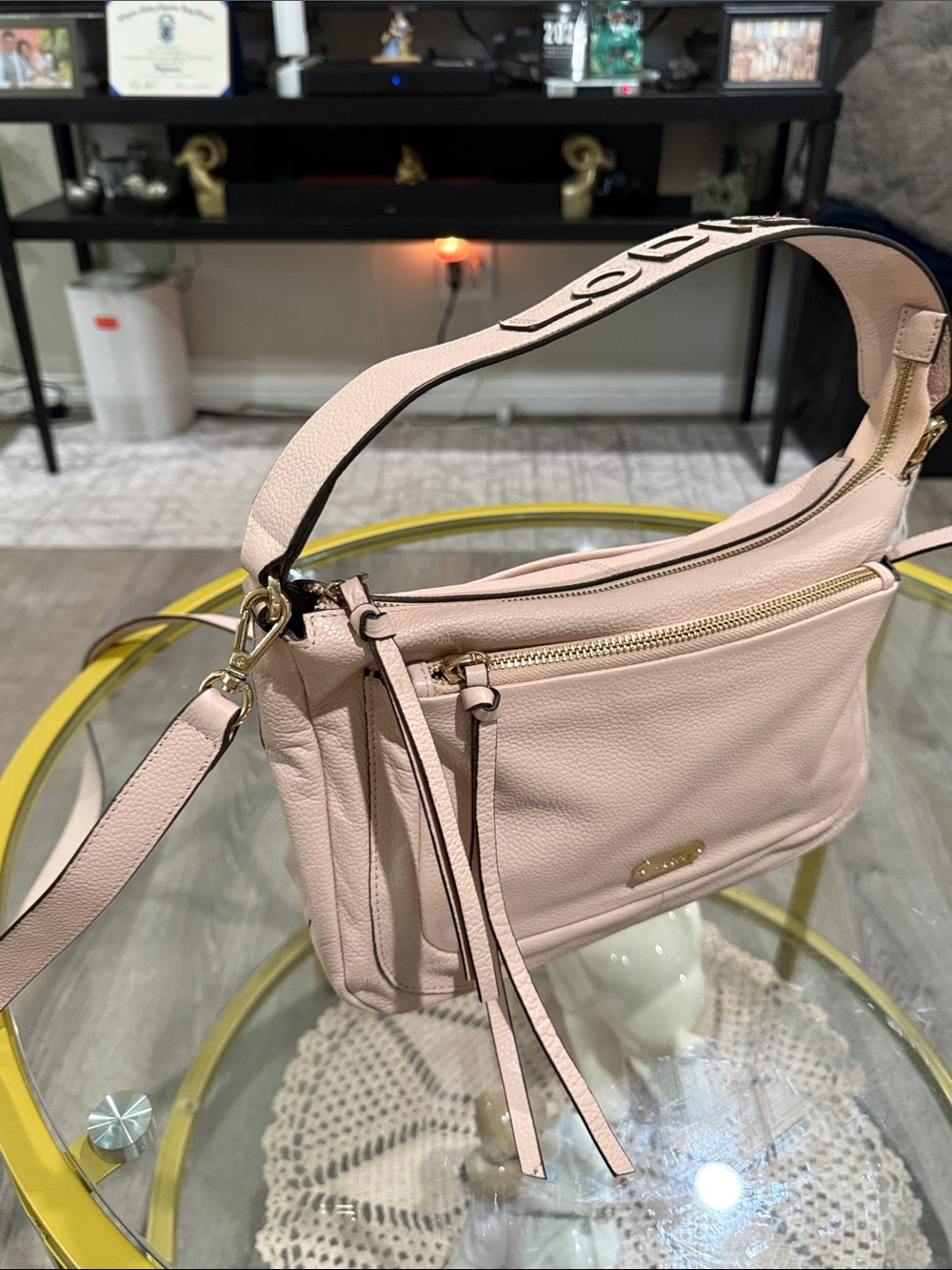 Lodis Blush Pink Pebbled Leather Crossbody with Gold Hardware